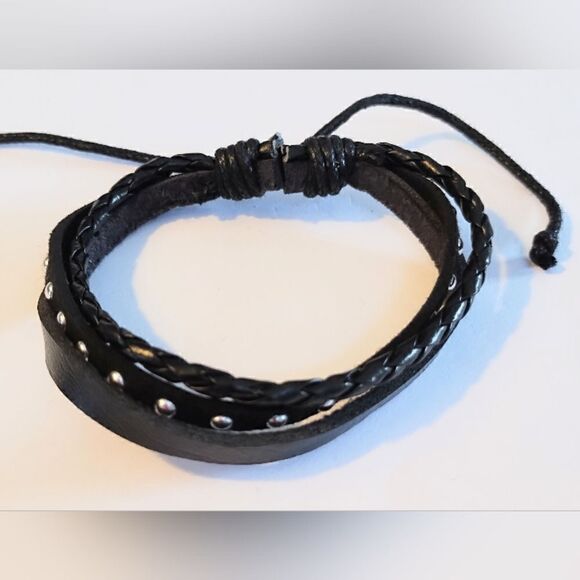 Men's bracelet leather braided layered black new d54 - Picture 1 of 1